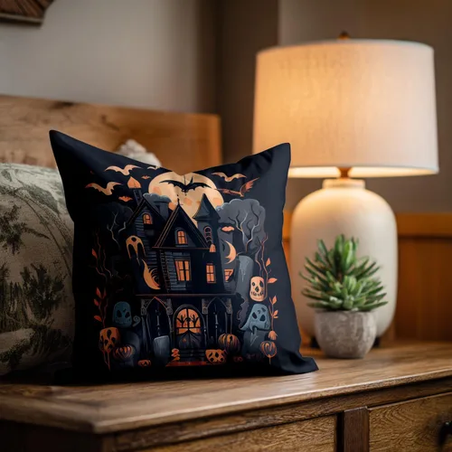 Vista 2 de Shrahala Funda de almohada decorativa de castillo oscuro de Halloween, casa con murciélagos de bruja, esqueleto, funda de almohada cuadrada mezclada