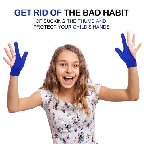 Vista 4 de Jiuguva 4 guantes protectores para chupar el pulgar para niños, guantes masticables transpirables para mayores de 12 años (negro, azul)