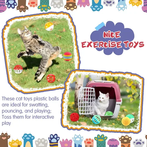 Vista 7 de Hungdao 100 piezas de juguetes para gatos, bolas pequeñas de plástico a granel, bolas de gato surtidas con campana para gatito, persecución