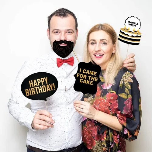 Vista 8 de Juego de 29 piezas de accesorios para cabina de fotos de cumpleaños con divertida corona, sombreros, barba y cara feliz, bigote para niños, cabina