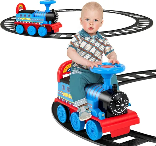 Vista 10 de GLACER Tren de paseo con 16 pistas para niños, juguete eléctrico con luces y sonidos, caja de almacenamiento debajo del asiento y pedales Azul