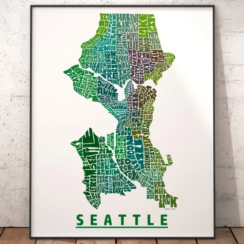 Vista 4 de Impresión del mapa del barrio de Seattle, impresión firmada de mi arte original de mapa de tipografía de Seattle dibujado a mano