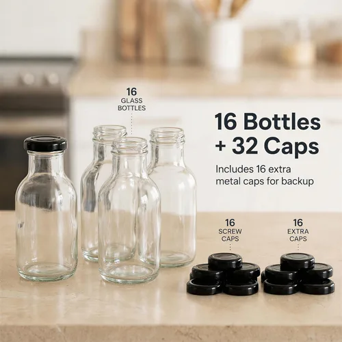 Vista 4 de Kingrol Paquete de 16 botellas de 8 onzas para salsa picante con tapas de rosca a prueba de fugas, botellas de vidrio de boca ancha con tapas