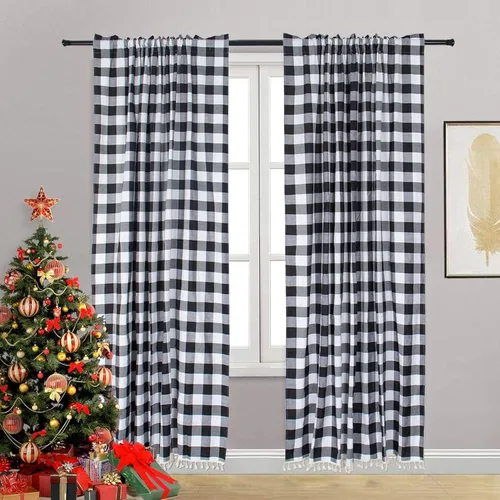 Vista 8 de ShinyBeauty Cortinas de cocina a cuadros negros de búfalo 2 paneles de cortinas opacas con borlas y bolsillo para barra, cortinas opacas de 63