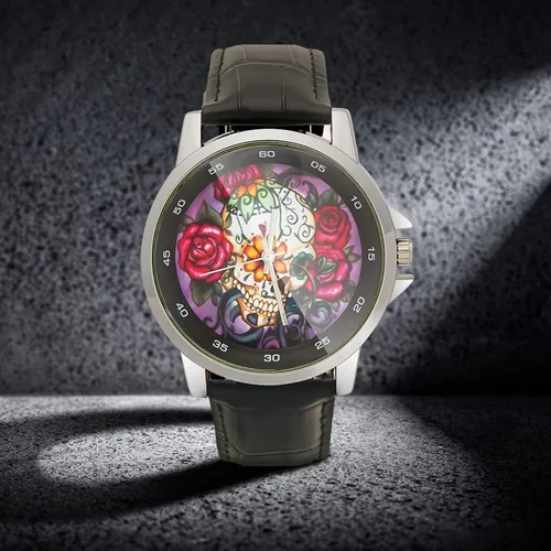 Vista 4 de Diseño especial hermoso cráneo de azúcar floral personalizado unisex correa de cuero de acero inoxidable reloj caja de metal, vidrio templado, banda