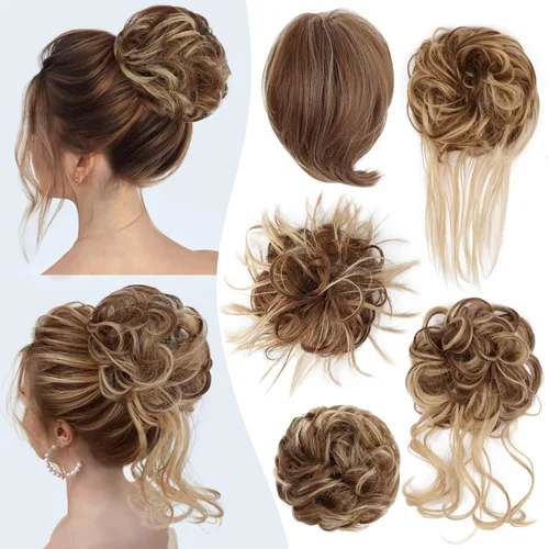 Vista 14 de HMD 5 piezas de moño despeinado para mujer, extensión de cabello con banda de goma elástica, extensión de cabello largo y desordenado, accesorios