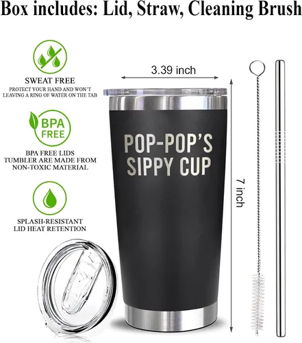 Vista 3 de Yanashop88 Vaso de viaje Pop-Pop's Sippy Cup – Vaso Pop-Pop – Divertido regalo de cumpleaños para el Día del Padre, cumpleaños o Navidad