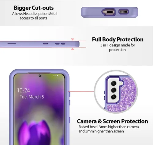 Vista 3 de Funda protectora completa para Galaxy S22 Plus 5G resistente híbrido 3 en 1, resistente a prueba de golpes, para mujeres y niñas, para Samsung