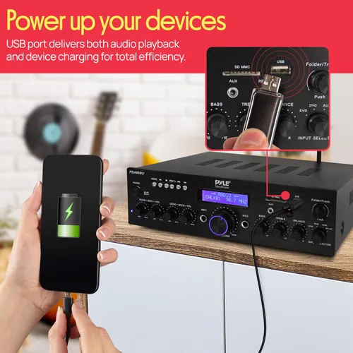 Vista 5 de Pyle Amplificador de potencia Bluetooth inalámbrico de 200 W, receptor estéreo de doble canal con lector flash USB, tarjeta SD, AUX, entrada