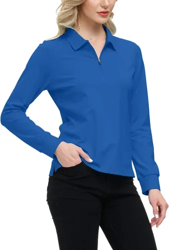 Vista 16 de JINSHI Polo de golf para mujer, de manga larga, con cremallera, deportiva, de secado rápido, atlética, casual, ajustada