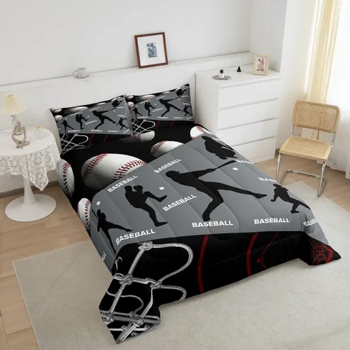 Vista 4 de Erosebridal Juego de edredón de béisbol para adolescentes y jóvenes, juegos de ropa de cama geométricos negros y grises para regalo para niños