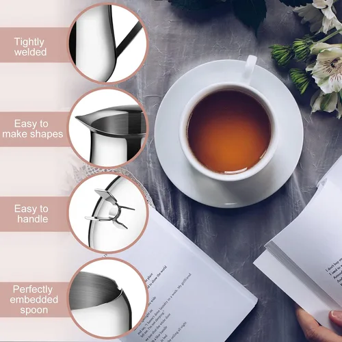 Vista 4 de Juego de crema y azucarero de acero inoxidable, taza de leche con leche, jarra de crema y azucarero con tapa, bandeja para cuchara para café, juego
