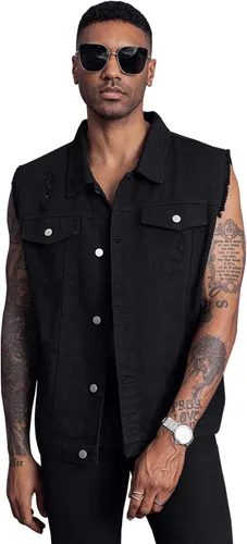 Vista 8 de LONGBIDA Chaleco de mezclilla para hombre, sin mangas, rasgado, ajustado, chaqueta de mezclilla desgastada