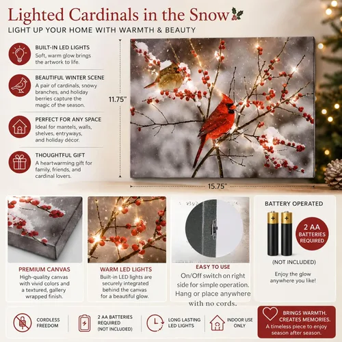 Vista 3 de BANBERRY DESIGNS Impresión en lienzo de cardenales iluminados en la nieve, imagen LED con pareja cardenal y bayas navideñas, mide 11.75 x 15.75