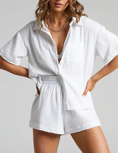Vista 4 de Flygo Conjunto casual de 2 piezas para mujer, conjunto de algodón y lino, camisa con botones y pantalones cortos, conjunto de pijama