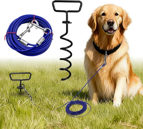 Vista 11 de Cable de amarre y estaca para perros de 20 pies, resistente para patio, correa de gancho con bloqueo, cable giratorio de 360° para perros medianos