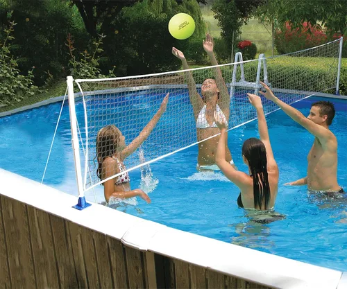 Vista 5 de Poolmaster 72776 Juego de voleibol/bádminton montado sobre el suelo junto a la piscina con soportes permanentes, color blanco