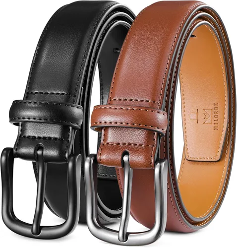 Vista 7 de MILORDE Cinturón de vestir de cuero para hombre, 2 unidades, hecho a mano, cuero genuino, diseños clásicos y modernos para el trabajo, negocios
