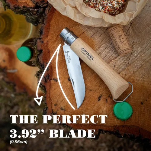 Vista 3 de Opinel Sacacorchos de acero inoxidable No. 10, cuchillo plegable para vino y queso, sacacorchos integrado + abridor de botellas, mango de madera