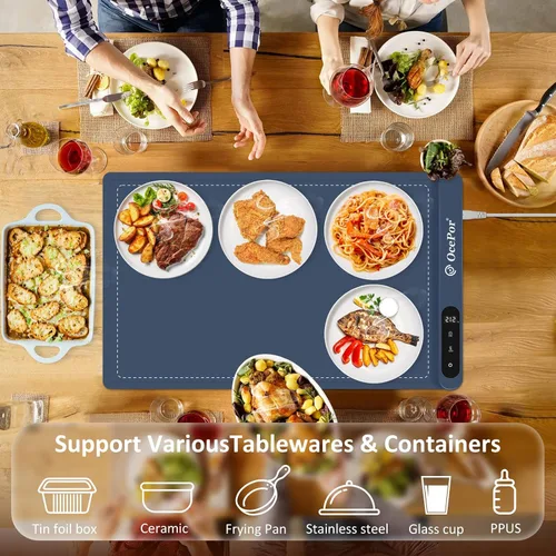 Vista 7 de OcePor (XL 24 x 15 pulgadas) Tapete Calentador de Alimentos, Bandeja de Calentamiento Eléctrica, Calentador de Alimentos Plegable para Fiestas