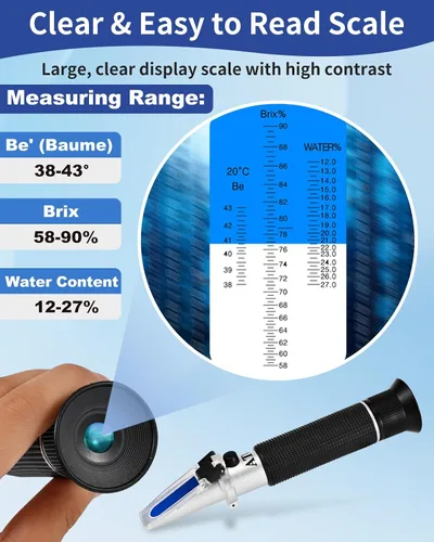 Vista 4 de Refractómetro de Miel para Humedad, Brix y Baume, Refractómetro Brix Meter con ATC, (12-27% Humedad Miel, 58-90% Brix, 38-43° Baume), Refractómetro