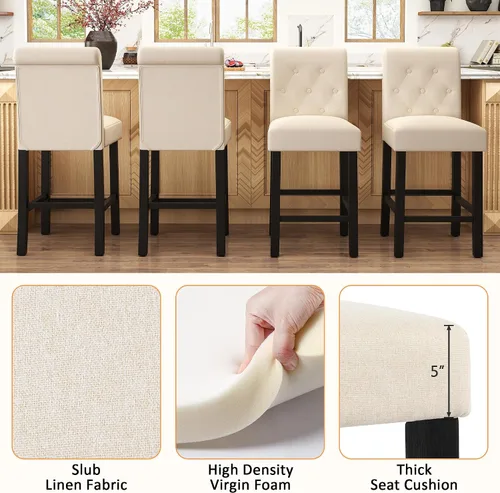 Vista 4 de GOTMINSI Taburetes de tela beige de 24 pulgadas, juego de 2 sillas tapizadas de altura de mostrador con decoración copetuda de estilo ocio