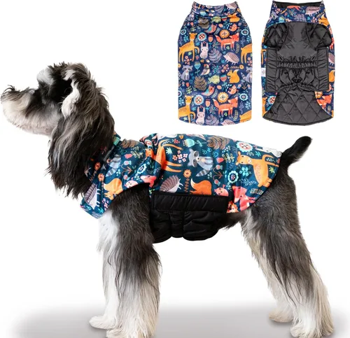 Vista 14 de CuteBone Abrigo de invierno para perro, chaleco reversible impermeable y resistente al viento, chaqueta gruesa ajustable para clima frío con agujero