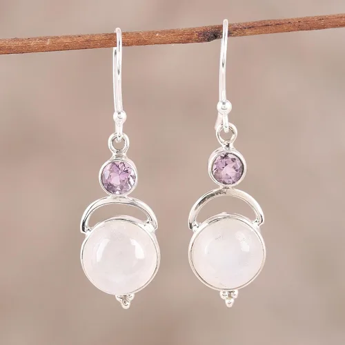 Vista 4 de NOVICA Aretes colgantes hechos a mano de plata de ley 925 con piedra lunar arcoíris y amatista, piedra natal india transparente púrpura 1.7 pulgadas