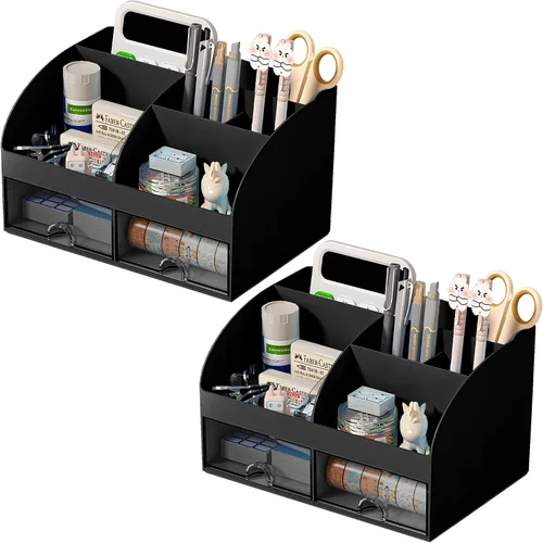 Vista 7 de Organizador de escritorio con 6 compartimentos y 2 cajones, organizador de maquillaje de plástico, soporte para bolígrafos para almacenamiento
