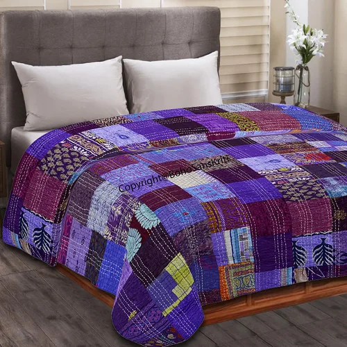 Vista 15 de Boho Sanskriti Colcha de seda india Kantha de retazos de seda tamaño Queen Twin Patola Colcha Negro