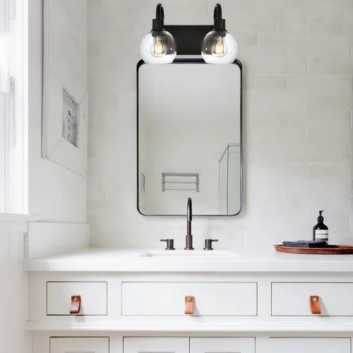 Vista 6 de Luz de tocador de baño con vidrio esmerilado en forma de globo de 2 luces, aplique de pared industrial negro para vestíbulo o pasillo