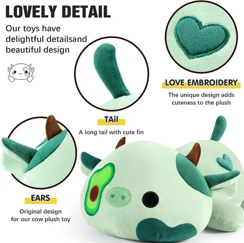 Vista 3 de Onsoyours Lindo peluche de vaca, suave peluche de aguacate amoroso, juguete de peluche esponjoso, almohada de aguacate, regalo para niños