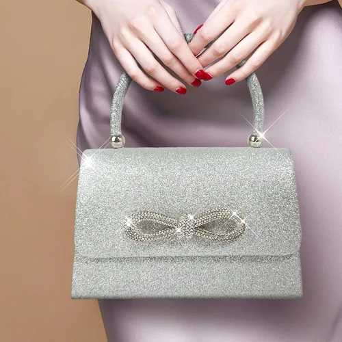 Vista 2 de Bolso de noche con lazo brillante para mujer, con purpurina, con strass, bolso de mano, para cóctel, de graduación, de fiesta, de boda