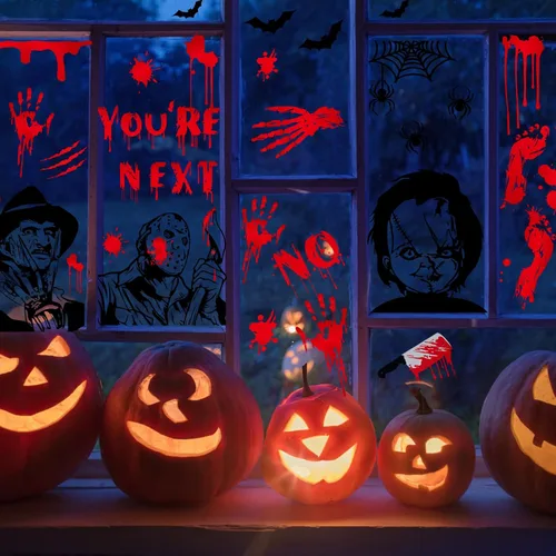 Vista 5 de Calcomanías para ventana de Halloween, calcomanías de personajes de película de terror, calcomanías grandes reutilizables para ventana, decoración