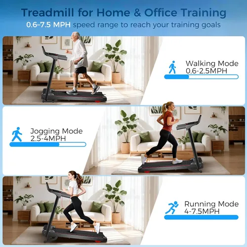 Vista 12 de Cinta de correr con 0-16% de inclinación automática, 0.6-7.5 MPH caminadora para el hogar, 3.0 HP de bajo ruido plegable con barra de mango y Negro