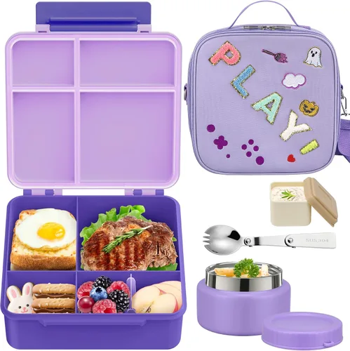 Vista 8 de Lonchera Bento para niños con termo de sopa de 9 onzas, recipientes de comida a prueba de fugas para niños con 4 compartimentos, bolsa de almuerzo