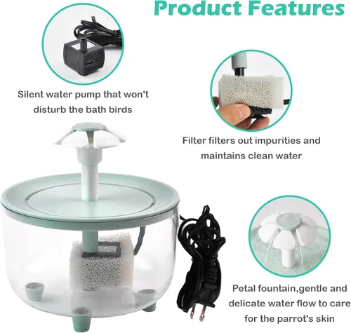Vista 3 de Baño Automático para Pájaros, Bañera de Loro con Fuente de Pétalos Filtro Circulante Jaula Baño de Pájaros Ducha Cacatúa Baño de Pájaros