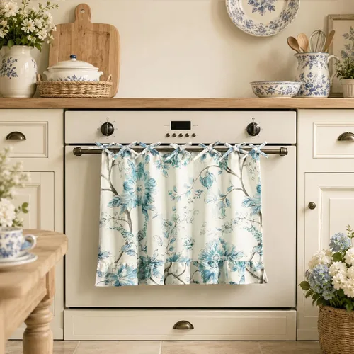 Vista 38 de Leeva Cortinas rústicas de cocina con estampado floral verde mezclado de lino para media ventana, para comedor, bolsillo para barra, cafetería