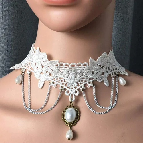 Vista 6 de Acxico Princesa Nupcial Romántico Clásico Blanco Borlas Encaje Perla Colgante Collar