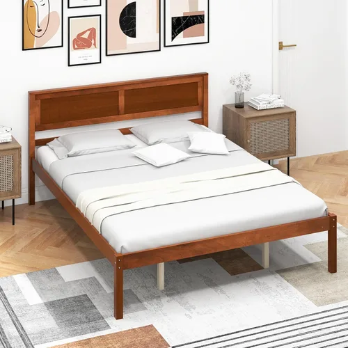 Vista 7 de Giantex Cama de plataforma de madera Queen con cabecero, marco de cama de madera maciza de mediados de siglo con soporte de listones de madera, base