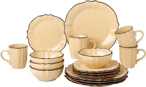 Vista 3 de Elegante y elegante juego de vajilla de 16 piezas con borde festoneado, servicio para organizar fiestas y eventos, juego de 4, borde festoneado Negro
