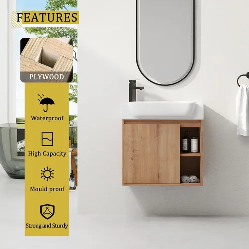 Vista 3 de 24" Modern Wall Mount Bathroom Vanity with Ceramic Sink & Soft Closing Door, Space-Saving Floating Cabinet, Durable Waterproof Plywood, Easy-Clean