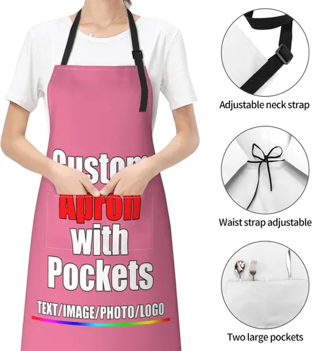 Vista 6 de Delantal personalizado para hombres y mujeres, niñas, niños, personalizable, nombre, texto, logotipo, imagen, foto, ajustable, con dos bolsillos