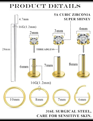 Vista 2 de Aretes de nariz de acero quirúrgico 316L, 20G, 18G y 16G, sin rosca, aretes de lóbulo para cartílago, cartílago, oreja, labio, piercing para mujeres