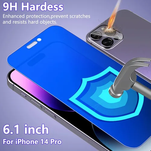 Vista 7 de Fotbor Protector de pantalla compatible con iPhone 14 Pro, protector de pantalla de privacidad de luz azul con protector de lente de cámara