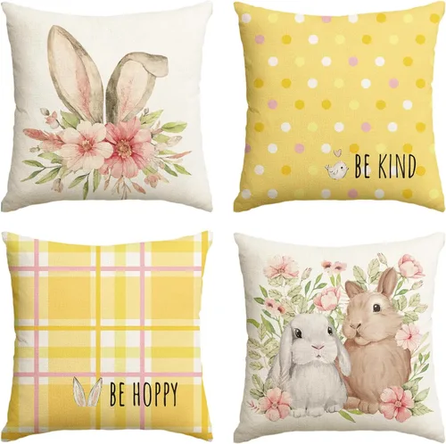 Vista 12 de AVOIN colorlife Juego de 4 fundas de cojín de Pascua con diseño de búfalo y flor de conejo de Pascua Be Hoppy Bule, 18 x 18 pulgadas, diseño