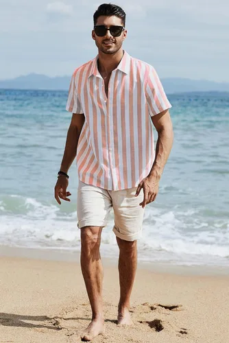 Vista 4 de JMIERR - Camisa de vestir informal de manga corta con botones y rayas para hombre camisa de algodón