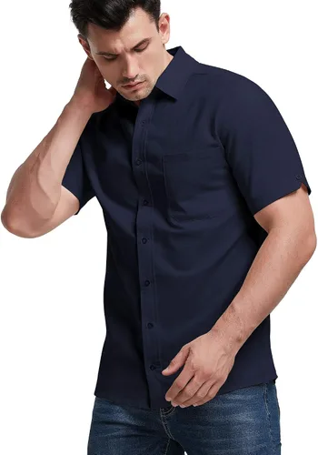 Vista 2 de Aimeilgot Camisas de manga largacorta para hombre, de lino, casuales, con botones, cuello extendido, camisas lisas