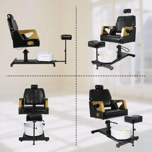 Vista 3 de Silla de pedicura con taburete y baño de pies de masaje, estación de pedicura giratoria de 360°, altura ajustable hidráulica, sin fontanería
