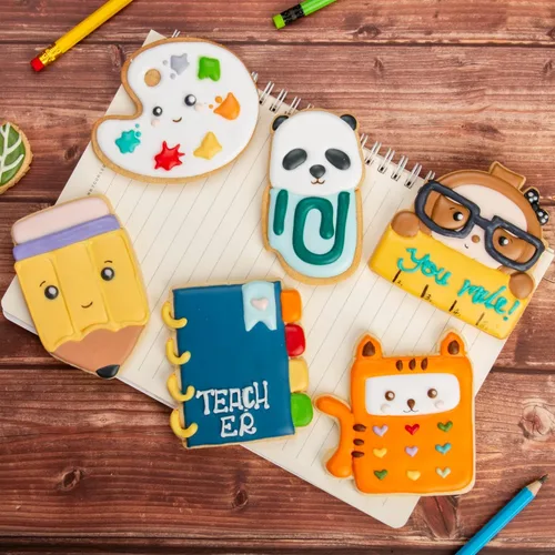 Vista 4 de Juego de cortador de galletas de regreso a clases con sellos de émbolo, 11 piezas, regalos de cocina, cumpleaños, vacaciones, ácido poliláctico 3D